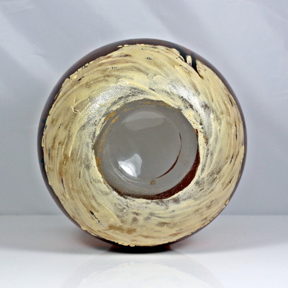 A globular Art Nouveau glass vase featuring an amber to orange gradient body, a ruffled rim, and a painted winter landscape with bare trees and textured white snow along the base. View VI