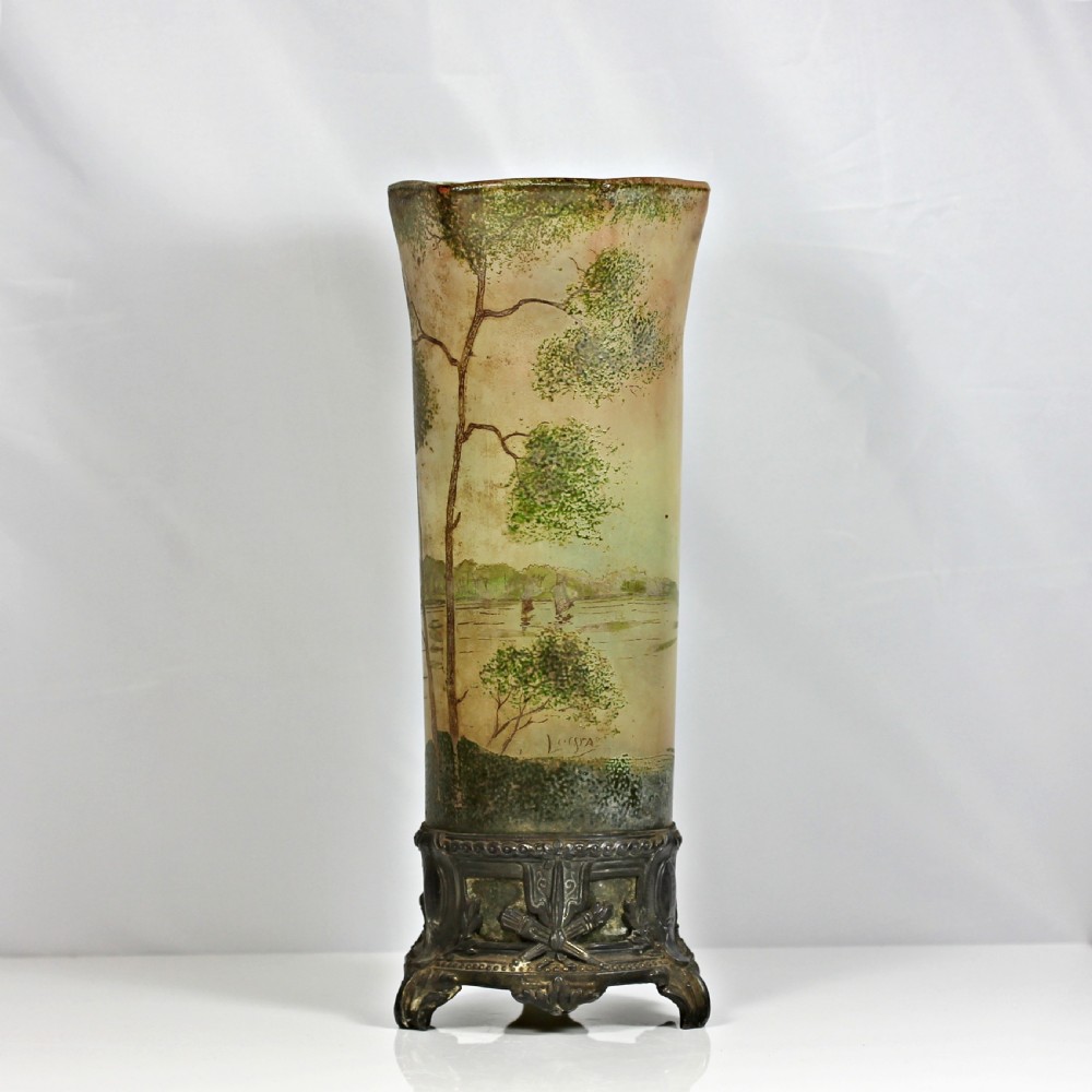 Legras tall cylinder vase decorated with winter landscape scene on metal base