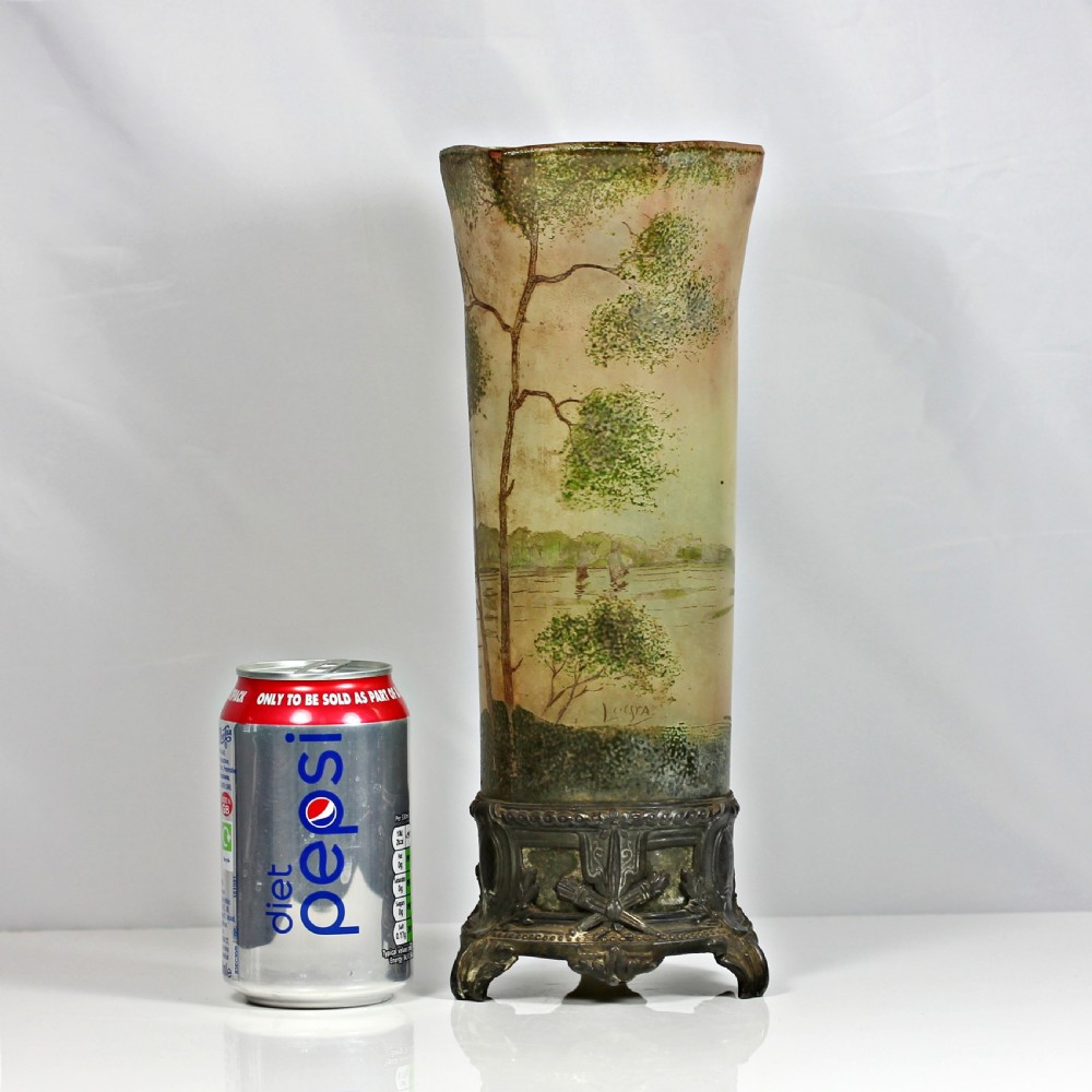 Legras tall cylinder vase decorated with winter landscape scene on metal base View II