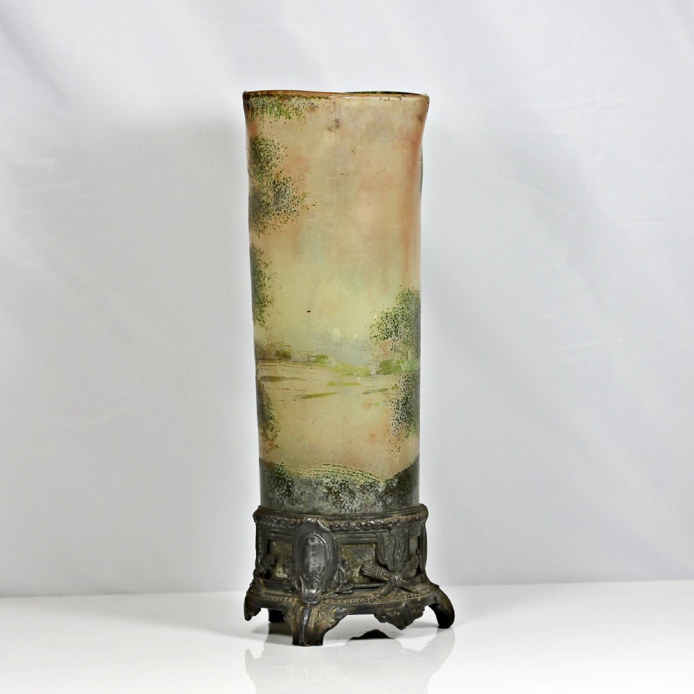 Legras tall cylinder vase decorated with winter landscape scene on metal base View III