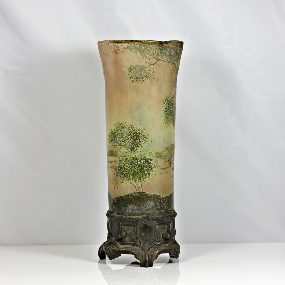 Legras tall cylinder vase decorated with winter landscape scene on metal base View IV
