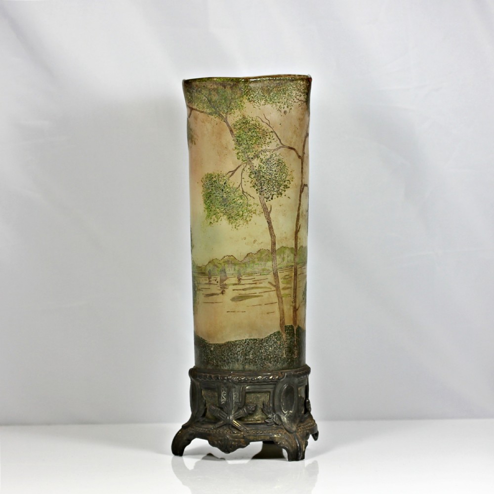 Legras tall cylinder vase decorated with winter landscape scene on metal base View VI