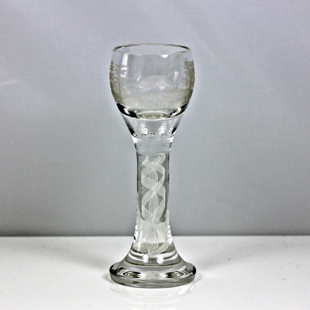 Victorian engraved opaque twist wine glass by Josphinenhutte, Germany