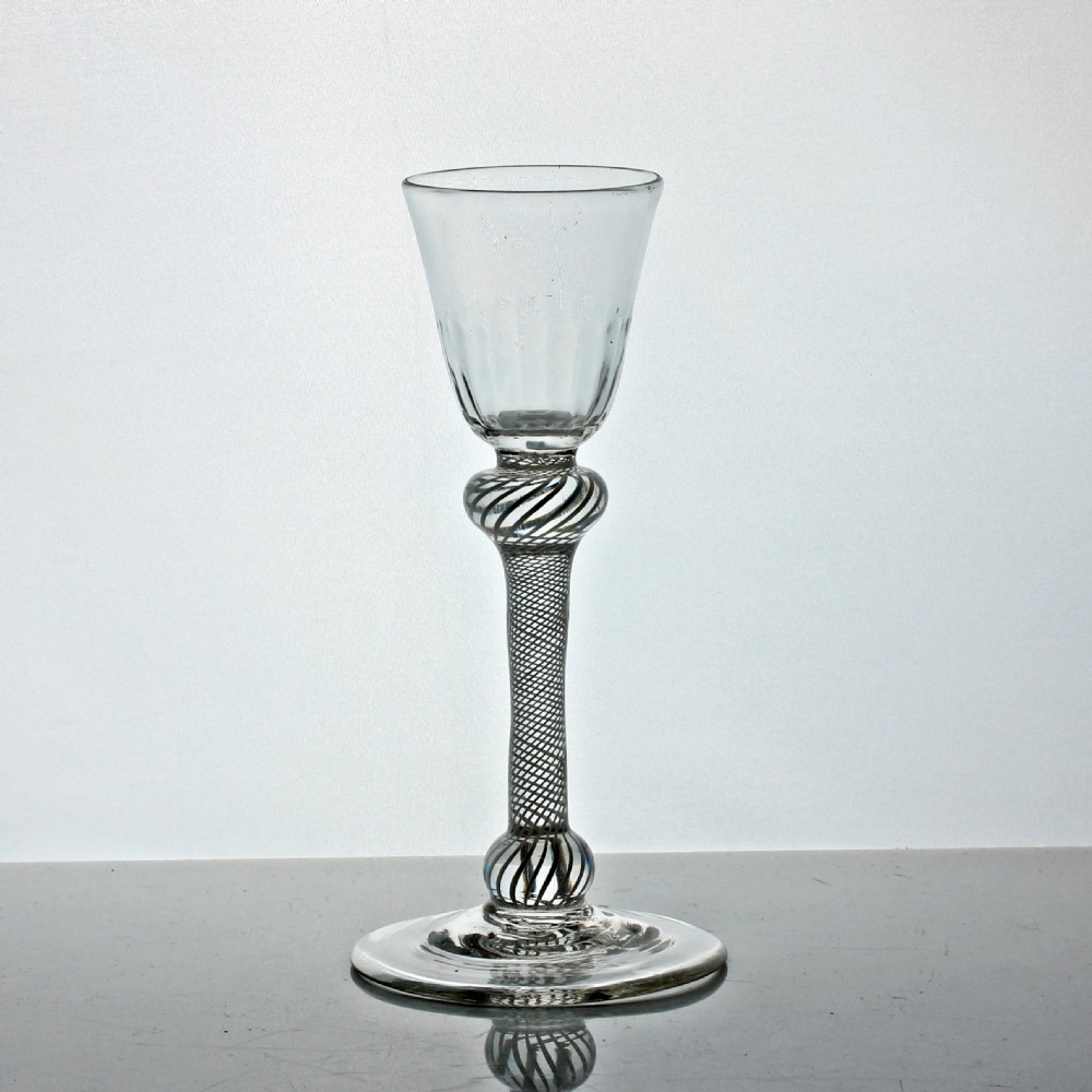 Georgian multi spiral opaque twist wine glass, double knop View II