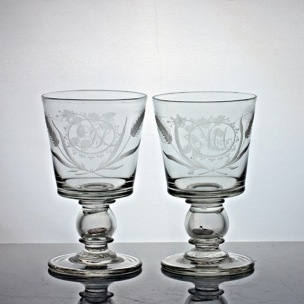 Georgian, rare pair of engraved bucket bowl coin rummers