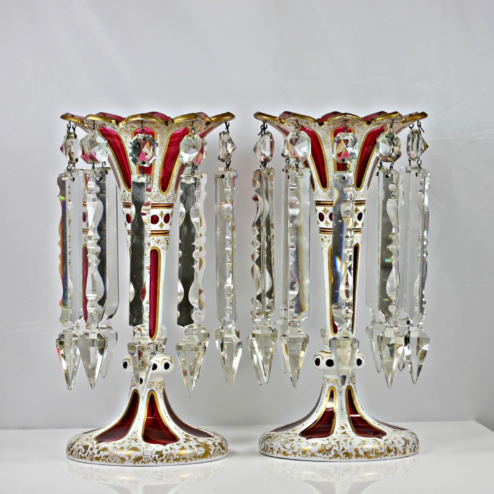 Victorian, Bohemian, pair of flash-cut and gilded ruby and white glass lustres
