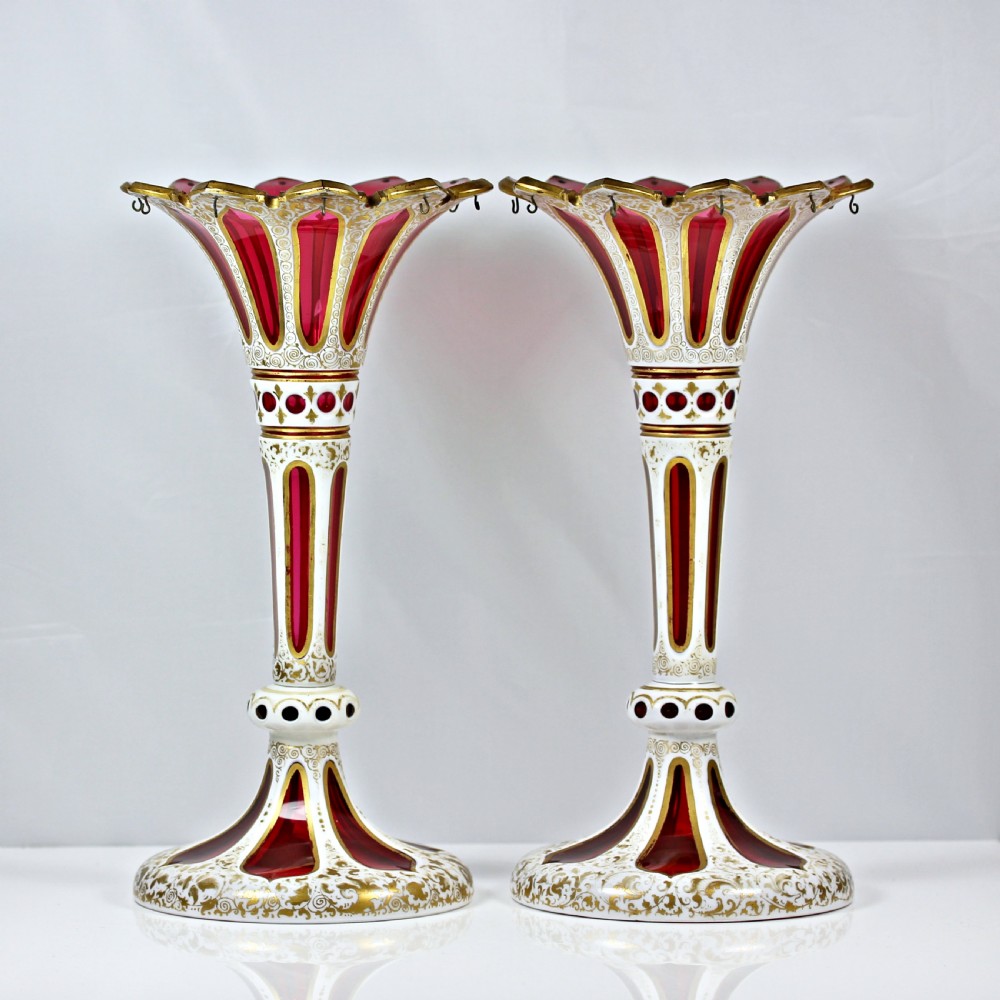 Victorian, Bohemian, pair of flash-cut and gilded ruby and white glass lustres View II