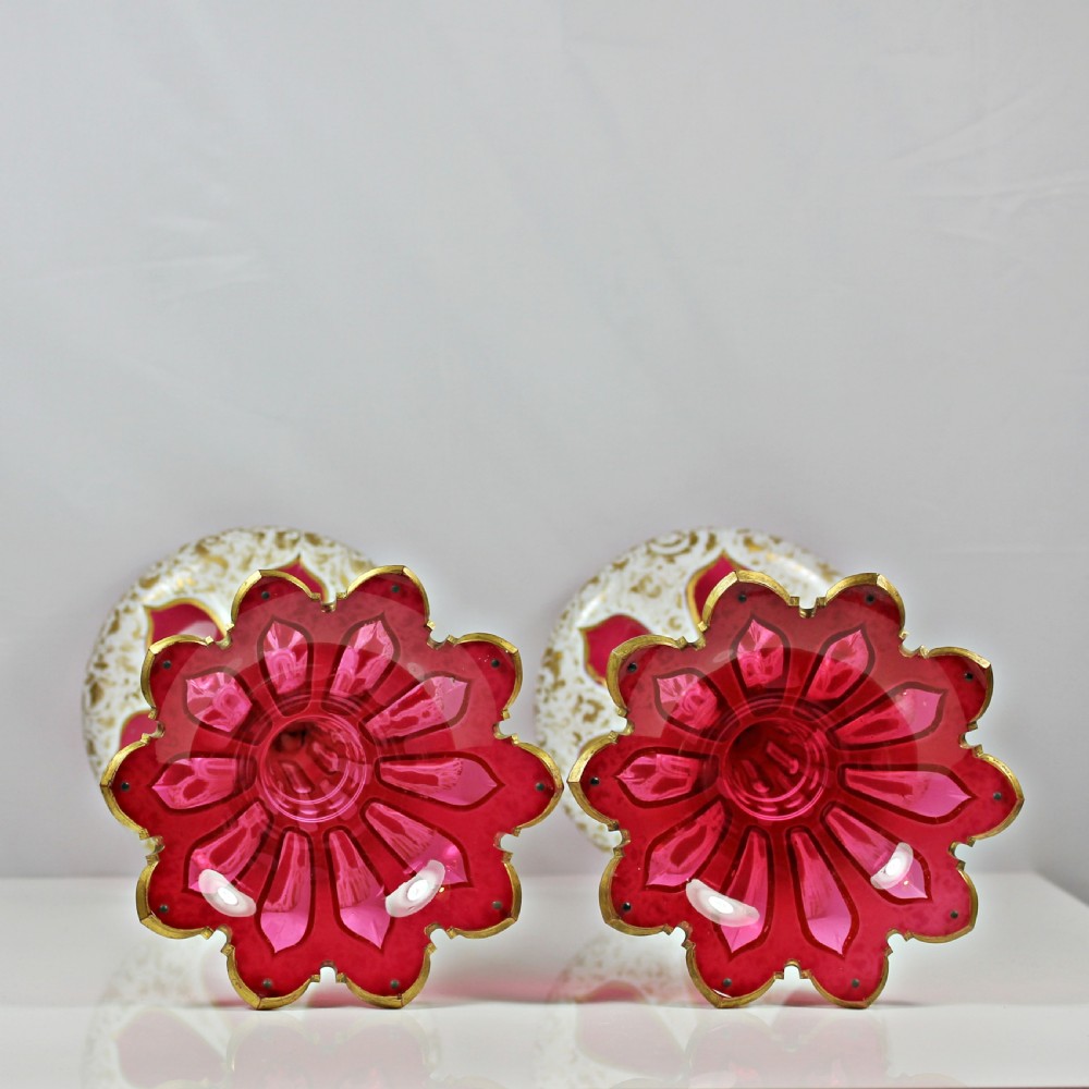 Victorian, Bohemian, pair of flash-cut and gilded ruby and white glass lustres View III