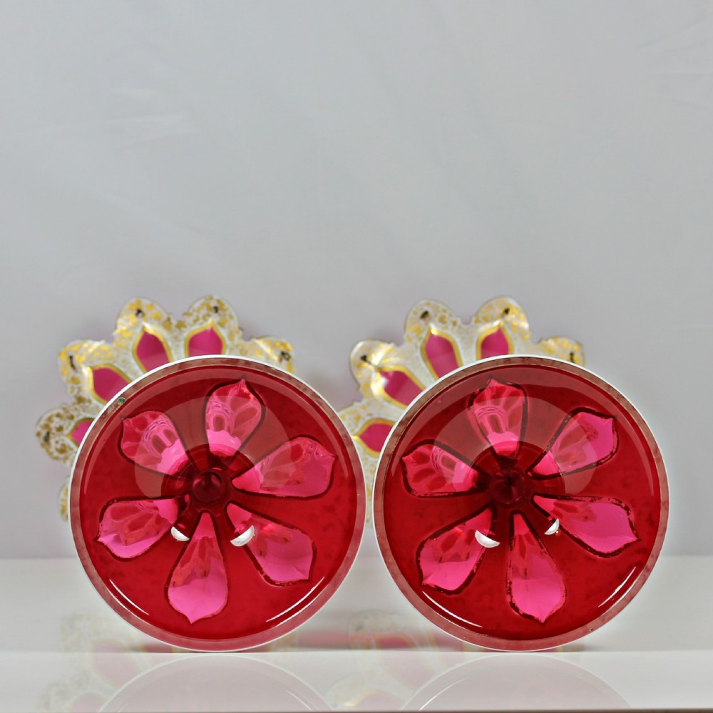 Victorian, Bohemian, pair of flash-cut and gilded ruby and white glass lustres View IV