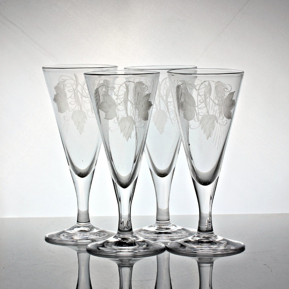 Set of four Georgian, English, hop and barley engraved plain stem ale glasses