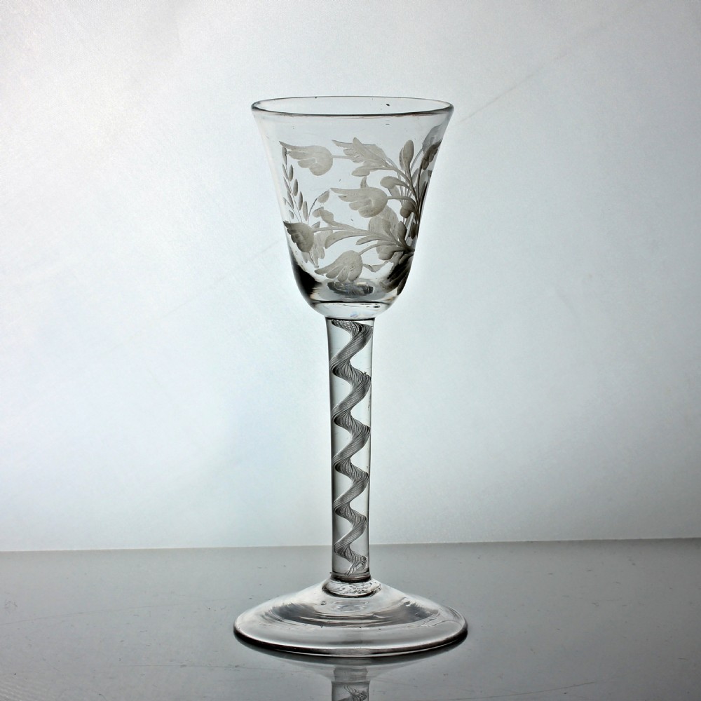 Georgian single series air twist wine glass, engraved rounded funnel bowl