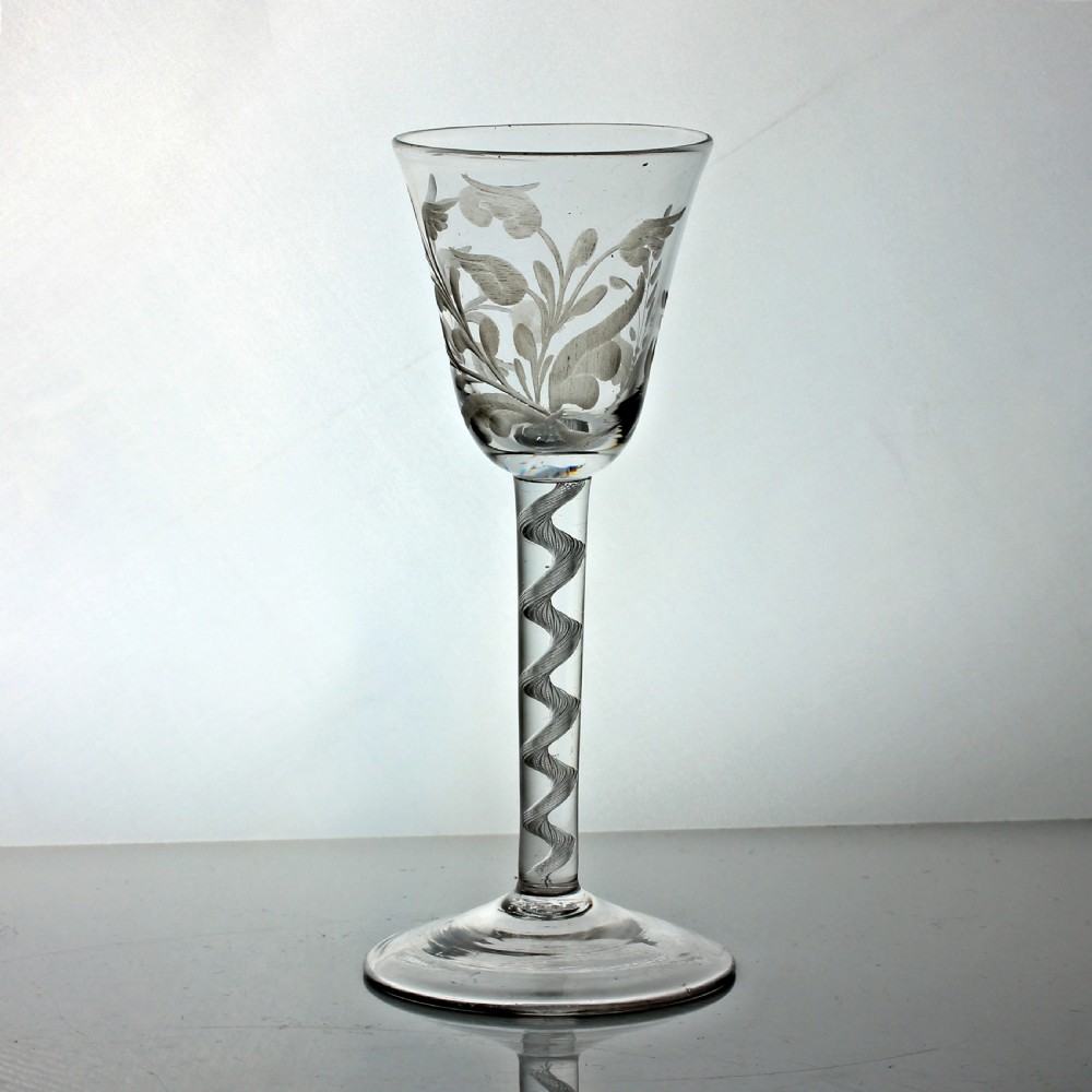 Georgian single series air twist wine glass, engraved rounded funnel bowl View II