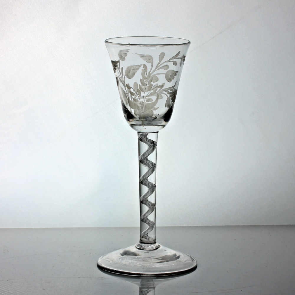 Georgian single series air twist wine glass, engraved rounded funnel bowl View III