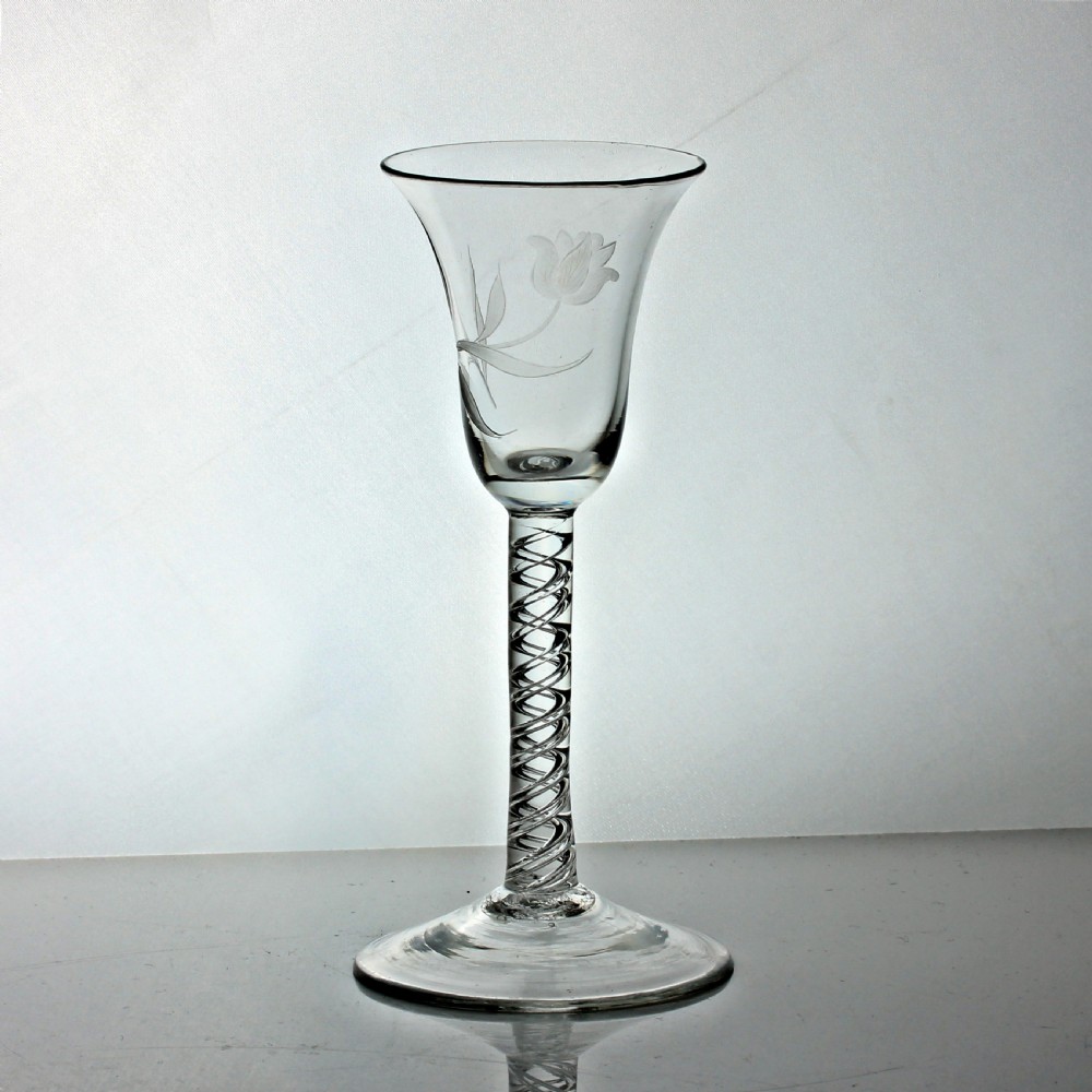 Georgian single series air twist wine glass, tulip-engraved bell bowl