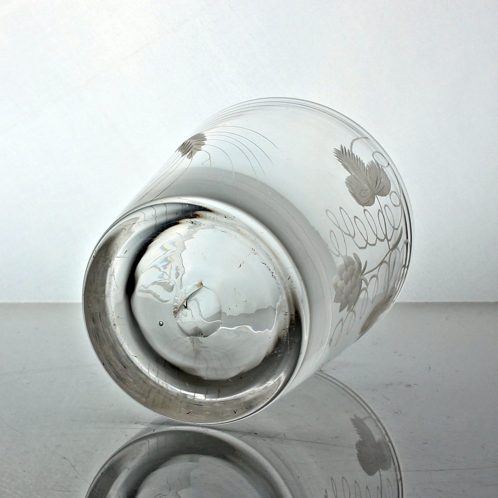 A clear Georgian glass tumbler featuring wheel-engraved motifs of hops and barley around its cylindrical body. View IV