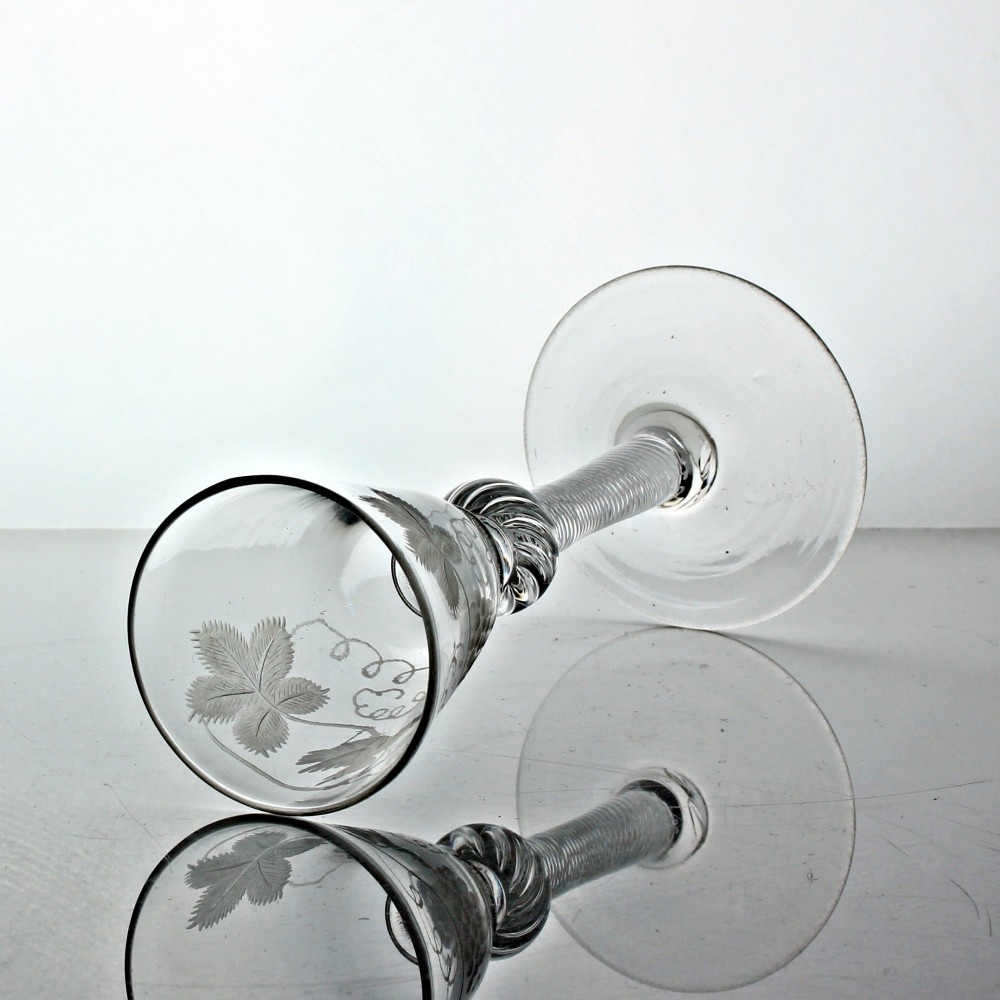 Georgian multi spiral air twist wine glass, vine-engraved rounded funnel bowl View II