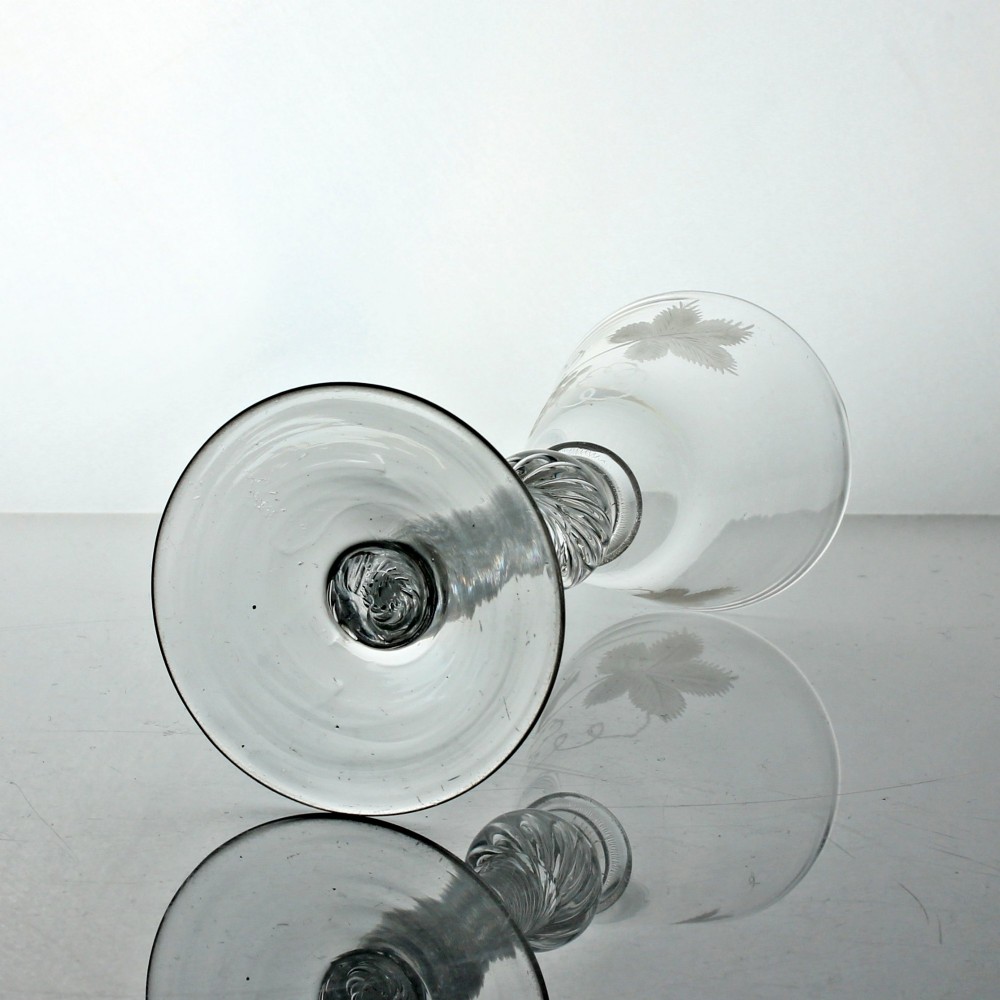 Georgian multi spiral air twist wine glass, vine-engraved rounded funnel bowl View III