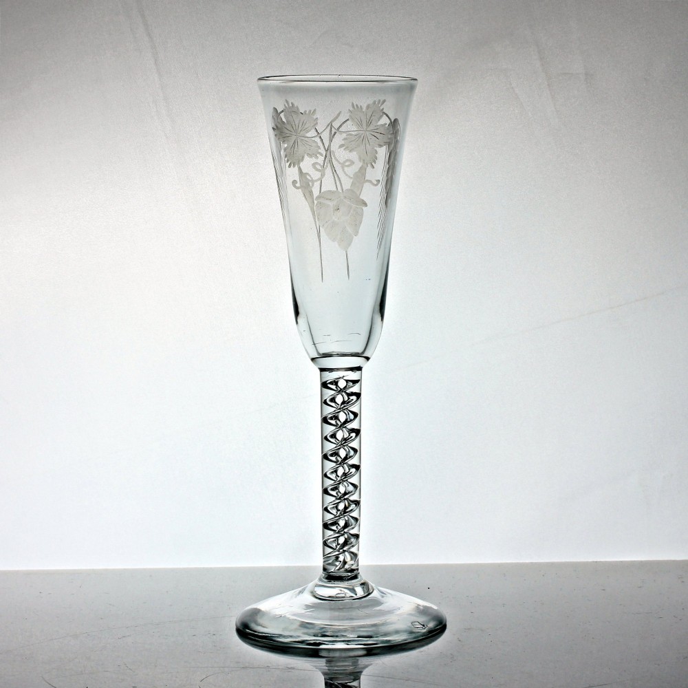 Georgian hop and barley engraved double series mercury air twist stem ale glass