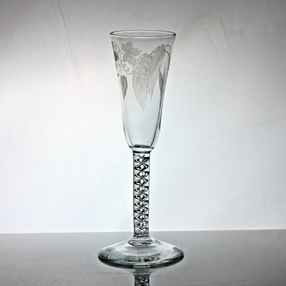 Georgian hop and barley engraved double series mercury air twist stem ale glass View II