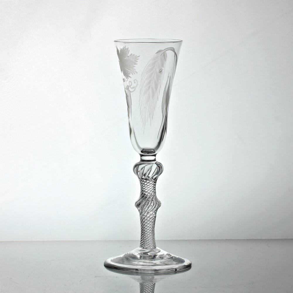 Georgian hop and barley engraved multi spiral air twist ale glass View II