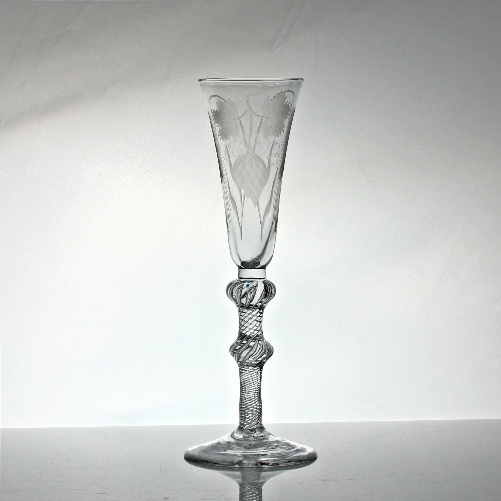 Georgian hop and barley engraved multi spiral air twist ale glass
