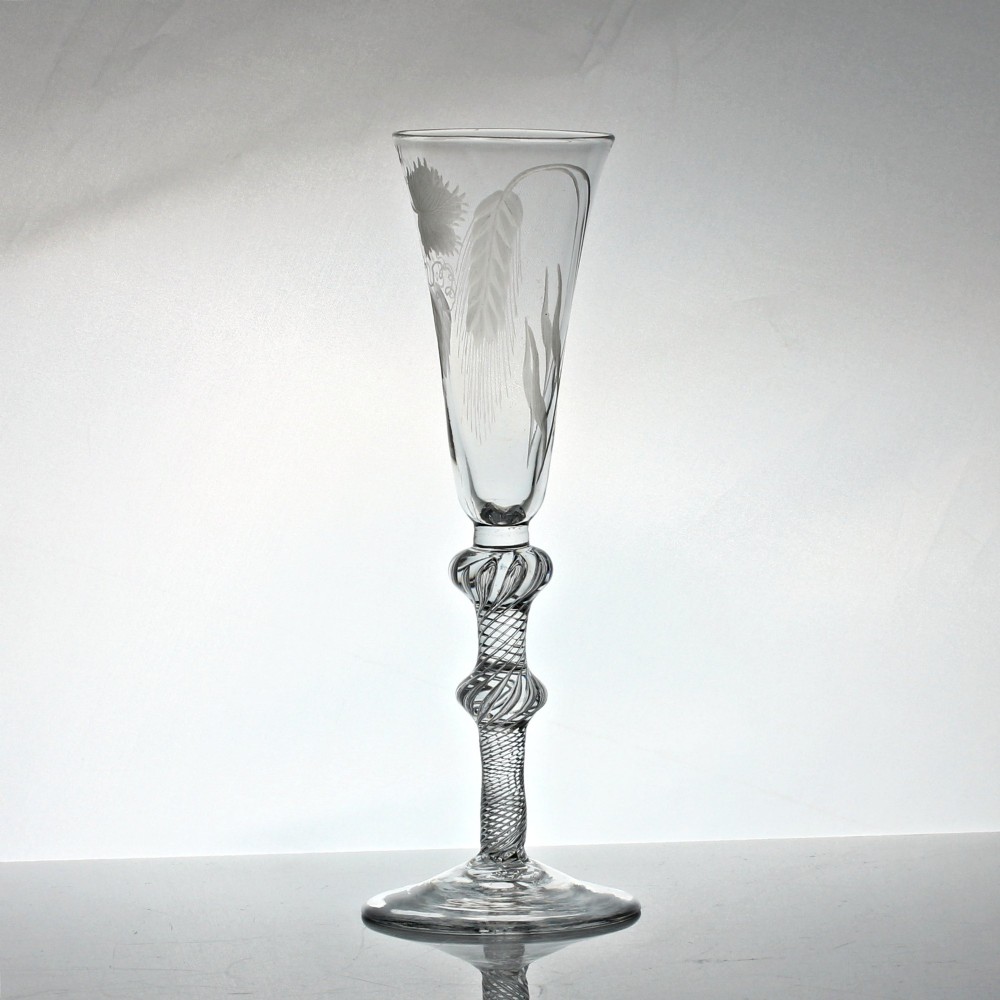 Georgian hop and barley engraved multi spiral air twist ale glass View II