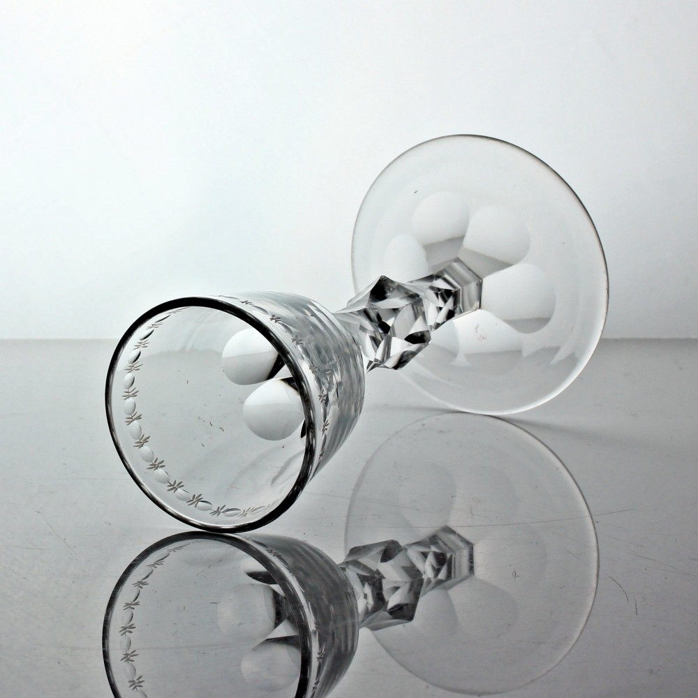 Georgian OXO-engraved facet cut knopped stem wine glass View II