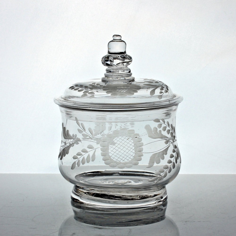 Georgian rare engraved glass sugar bowl or preserve pot with acorn finial