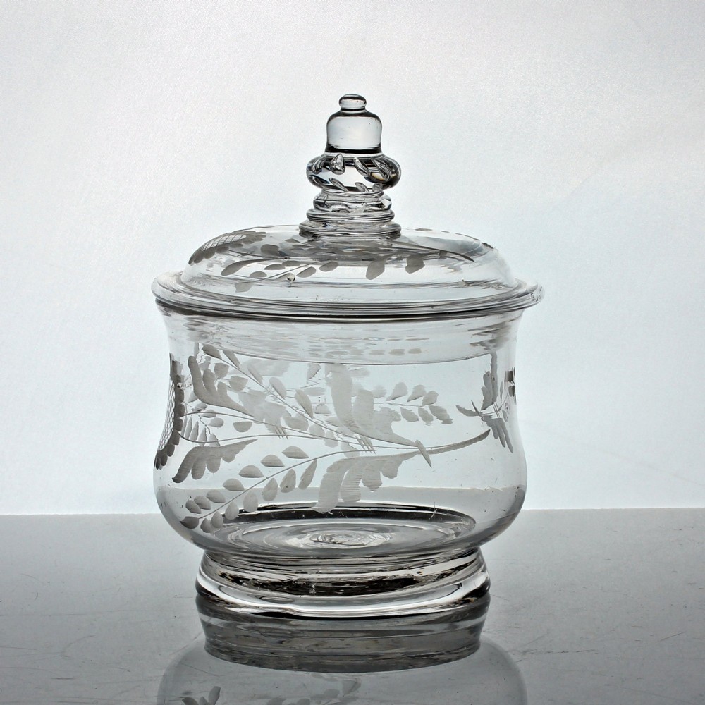 Georgian rare engraved glass sugar bowl or preserve pot with acorn finial View II