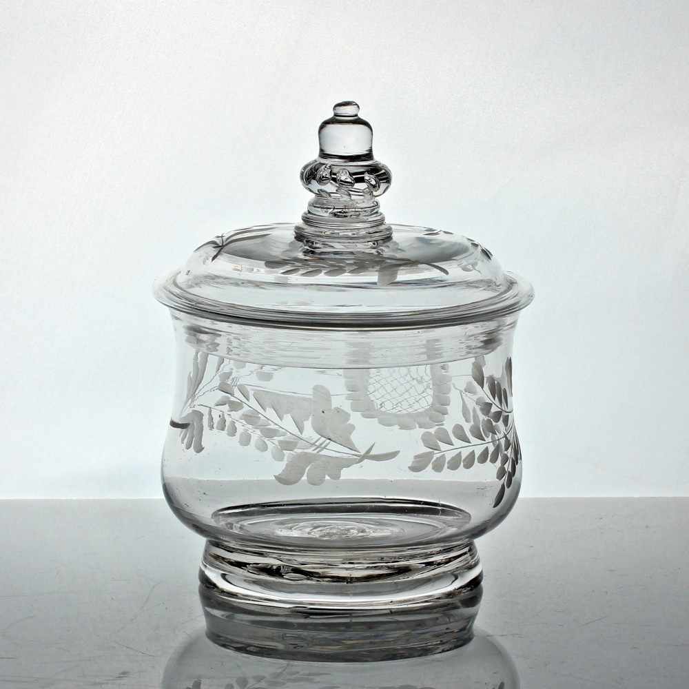 Georgian rare engraved glass sugar bowl or preserve pot with acorn finial View III