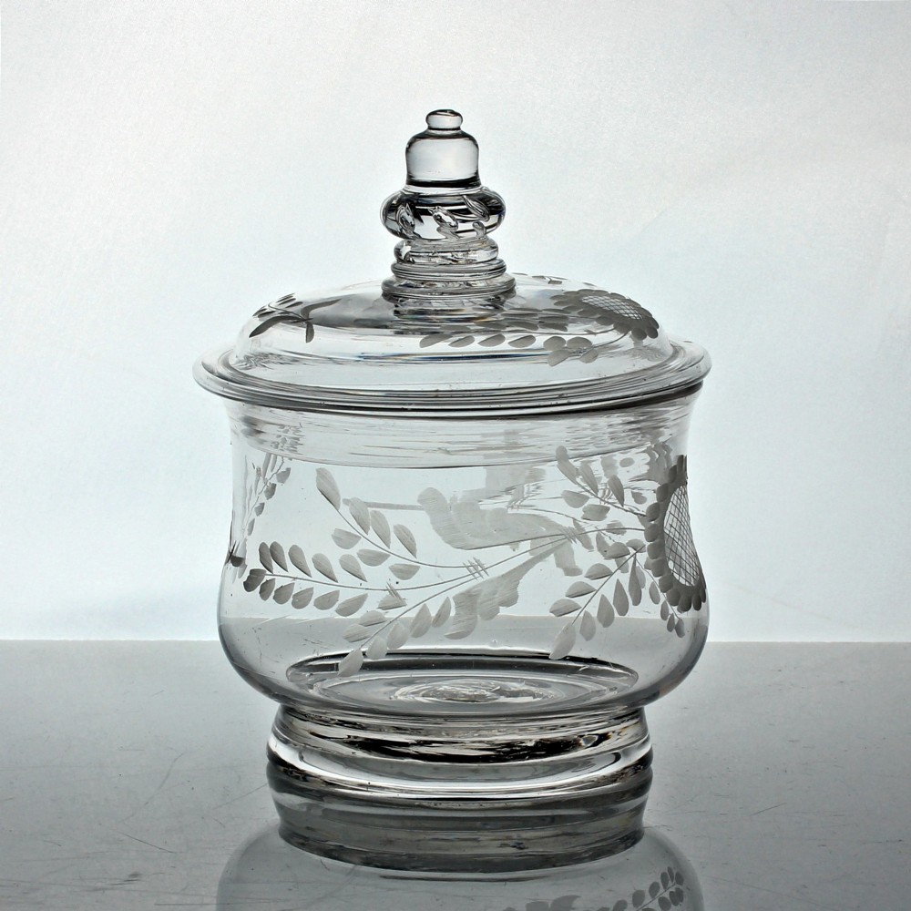 Georgian rare engraved glass sugar bowl or preserve pot with acorn finial View IV
