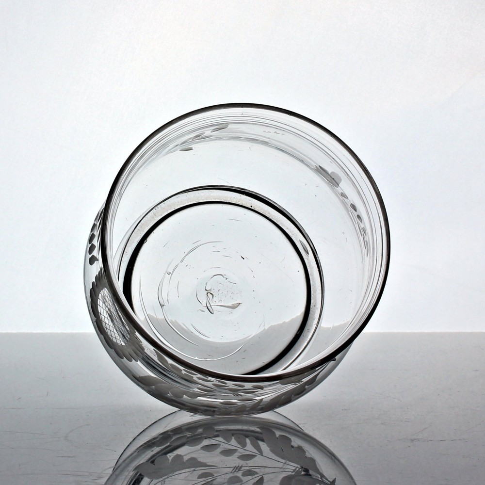 Georgian rare engraved glass sugar bowl or preserve pot with acorn finial View V