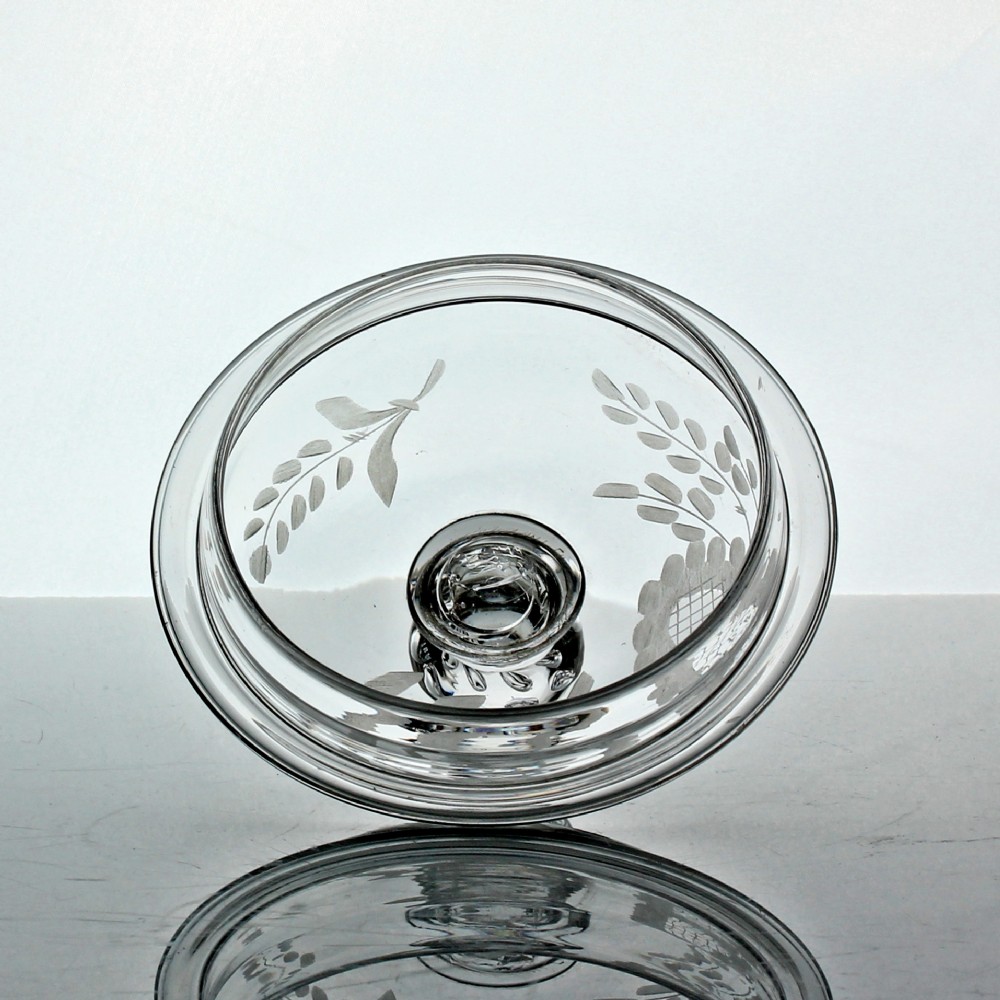 Georgian rare engraved glass sugar bowl or preserve pot with acorn finial View VIII
