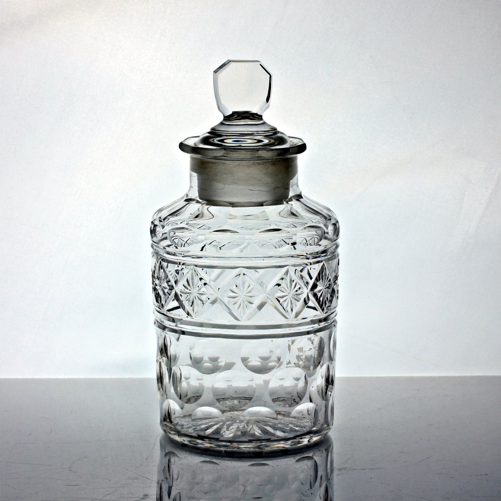Early Victorian cut glass cylindrical pickle jar and cover
