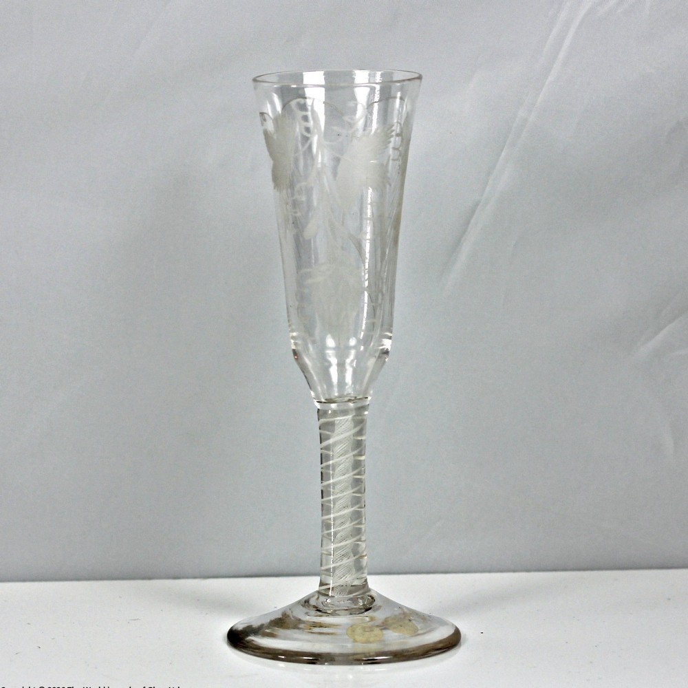 An antique clear glass ale flute featuring a double series opaque twist stem and an engraved hop and barley motif on the bowl.