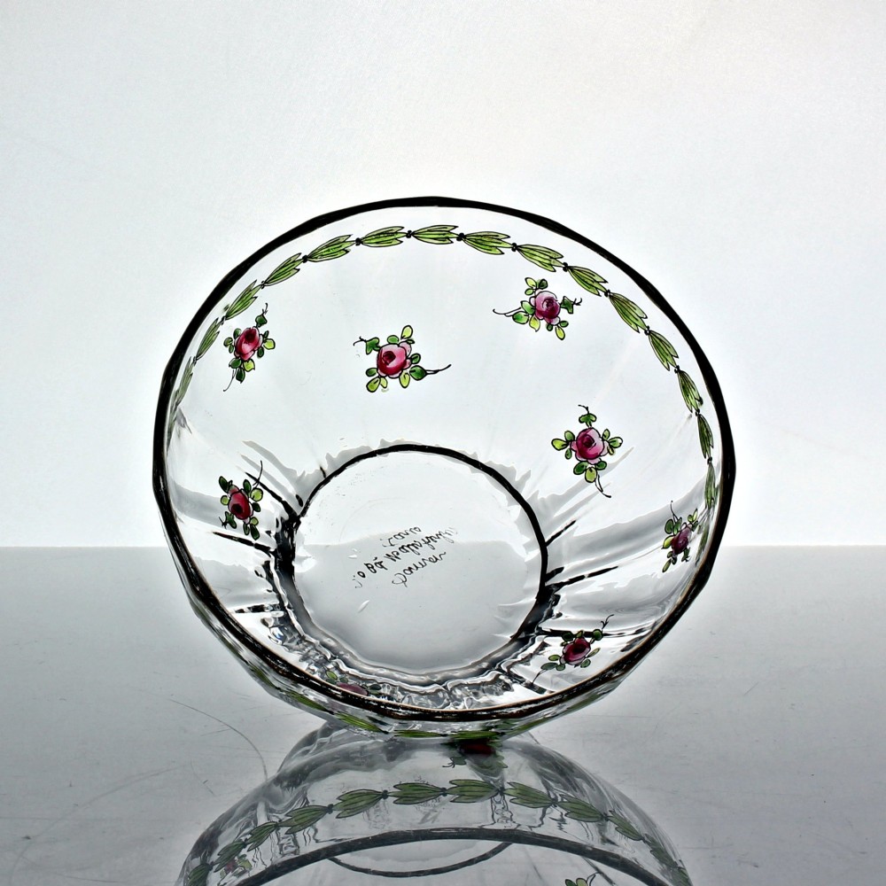 A set of four clear glass finger bowls decorated with hand-painted green leaf garlands, pink floral motifs, and gilded rims. View III