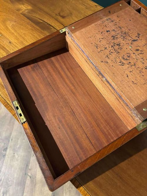 fig 4. A rectangular Victorian mahogany writing slope featuring brass side carrying handles and a brass keyhole escutcheon.