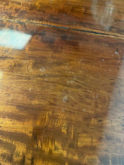 fig 5. A late Regency mahogany tilt-top breakfast table featuring a rectangular polished top with rounded corners, supported by a central pedestal and reeded quadruped legs with brass paw feet.