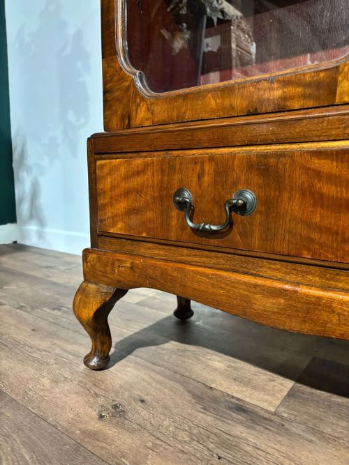 fig 1. A 1930s walnut display cabinet featuring two glazed doors with arched upper panels, red fabric-lined shelves, two lower drawers, and cabriole legs.
