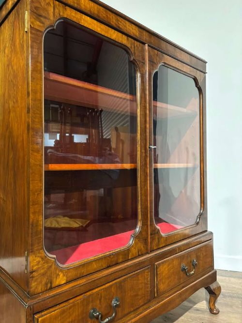 fig 2. A 1930s walnut display cabinet featuring two glazed doors with arched upper panels, red fabric-lined shelves, two lower drawers, and cabriole legs.