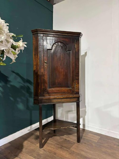 fig 2. An 18th-century dark oak corner cabinet featuring an arched fielded panel door, raised on a tall wooden stand with a lower shaped shelf.