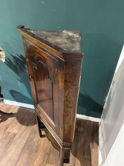 fig 9. An 18th-century dark oak corner cabinet featuring an arched fielded panel door, raised on a tall wooden stand with a lower shaped shelf.