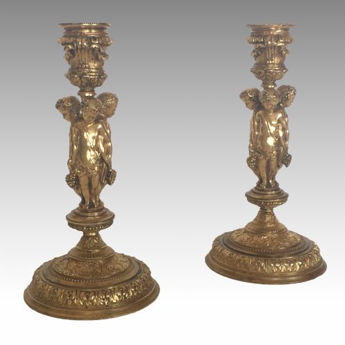 antique pair of gilt bronze cherub candlesticks - CATEGORY: ANTIQUE LIGHTING - DATED 1870
