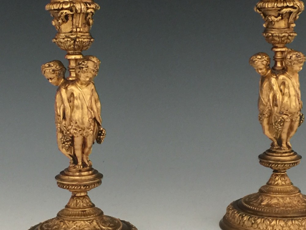 Antique Pair of Gilt Bronze Cherub Candlesticks View II