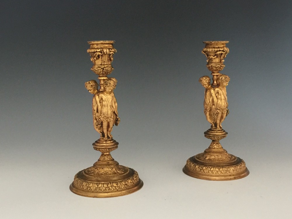 Antique Pair of Gilt Bronze Cherub Candlesticks View III