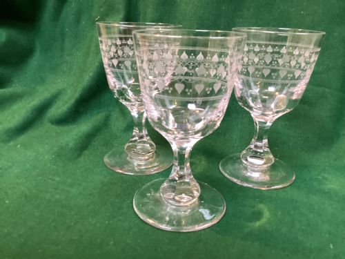 Matching three Victorian Claret glasses, well decorated 