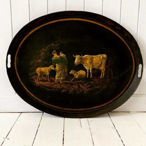 A Large C19th Hand Painted Oval Toleware Tray