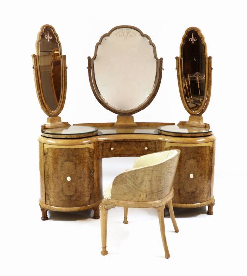 An Art Deco Burr Walnut and Maple Bedroom Suite