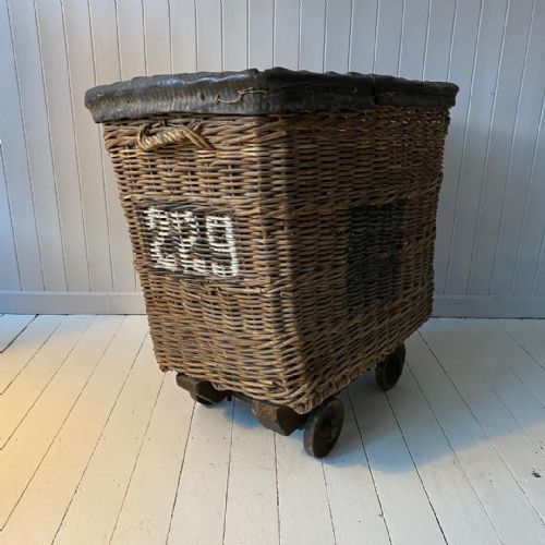 Large Industrial Wicker Linen Trolley on Wheels