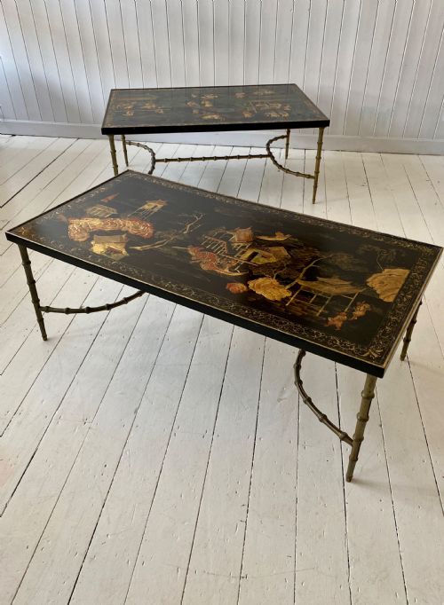 A Pair of Lacquered & Faux Bamboo Coffee Tables